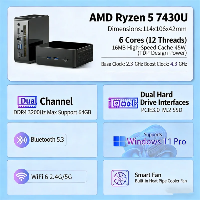 Mini PC Ryzen 5 7430U 16GB 1TB SSD Windows 11 Pro