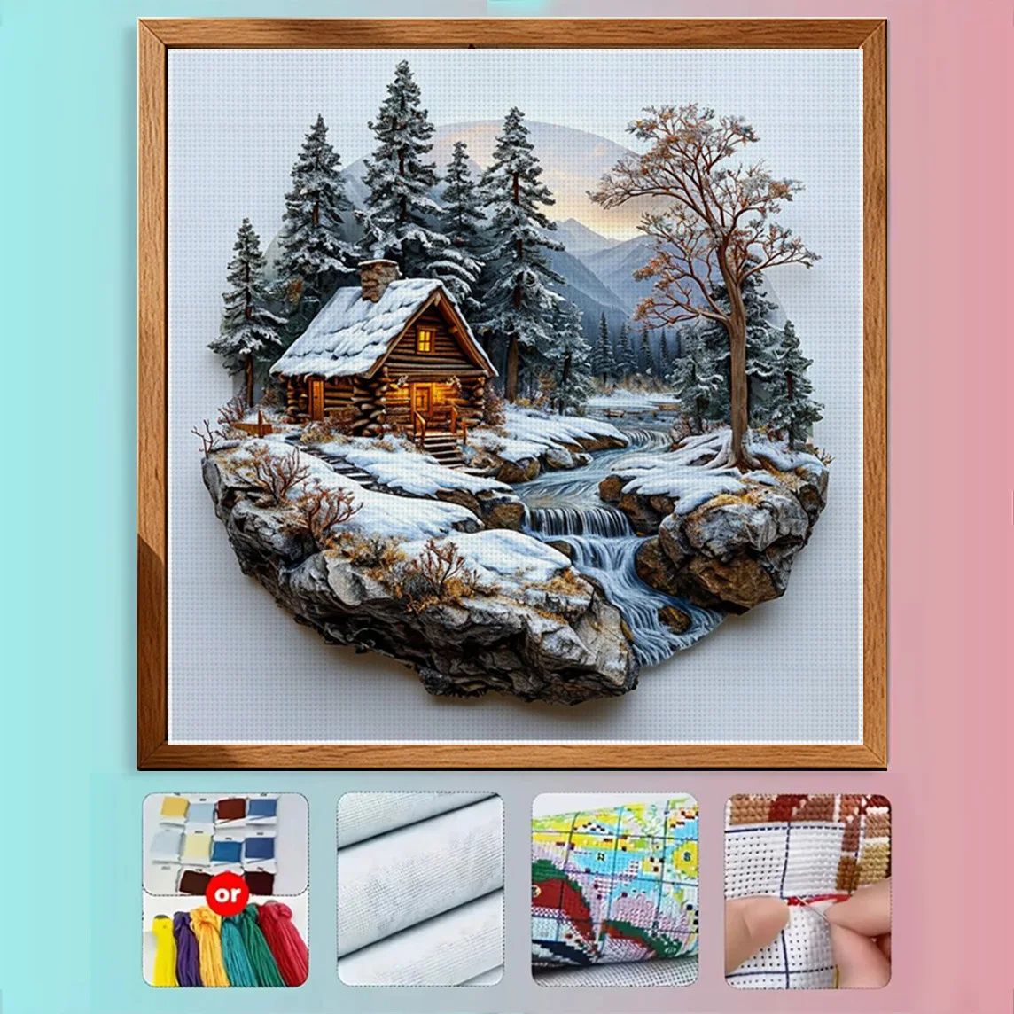 Snowy Stream Cottage Cross Stitch Kit DIY 11CT Embroidery Home Wall Decor Gift Handmade Material Frameless Semi-Finished 36×36cm - view 5