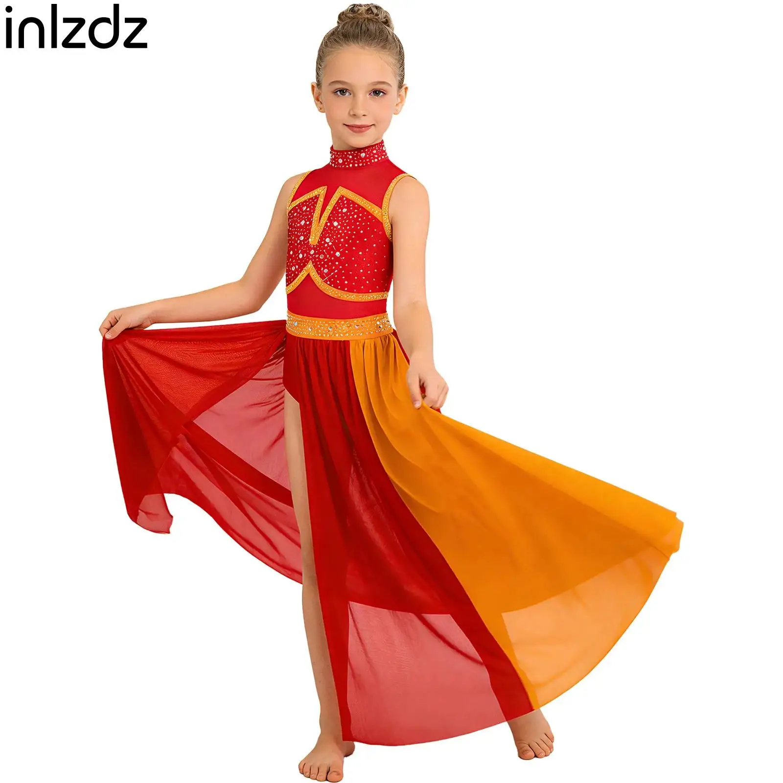 

Kids Girls Lyrical Contemporary Dance Dress Sleeveless Cutout Back Shiny Rhinestone Color Block Split Mesh Maxi Dress Dancewear