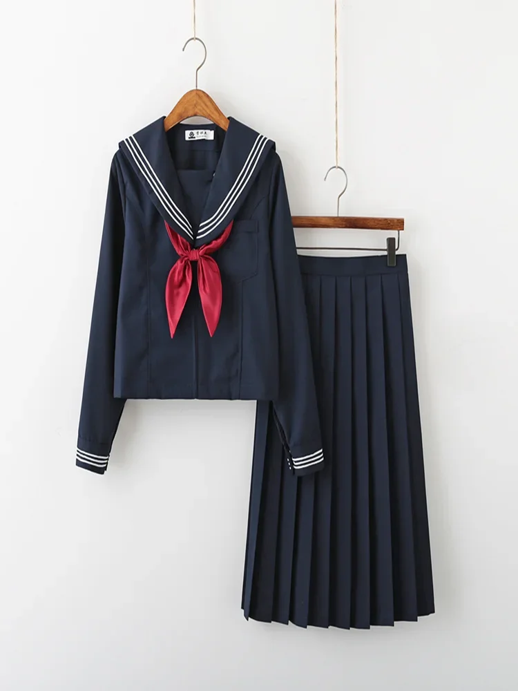 Marineblaue JK-Uniform Herbst Sommer Kurz-/Langarm Japanische Schuluniformen für Mädchen Sailor Faltenrock JK Sets Uniform