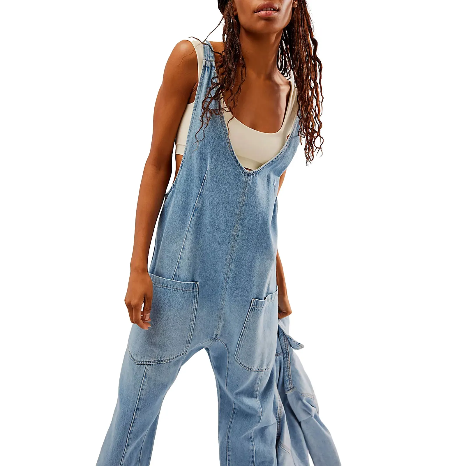 Women Oversized Denim Bib Overalls Solid Color Loose Jumpsuit Romper Slouchy Relaxed Fit Jumpsuits with Pockets for Streetwear