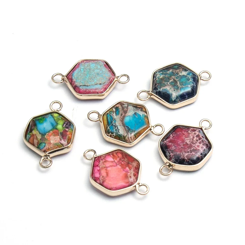 1PC 16x20mm Naural Gemstone Imperial Jasper Connector Handmade Hexagonal Gold Edging DIY for Making Necklace Bracelet Earrings