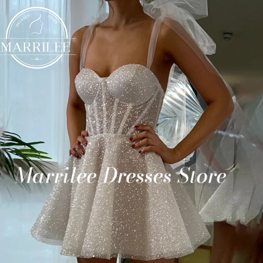 Marrilee Customized Wedding Dress Short Mini Shiny Skirt Evening Dresses Spaghetti Straps Ribbon Bridal Gown Formal Party Dress