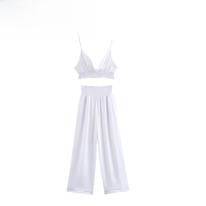 طقم أنيق مكون من قطعتين ZBZA ربيع جديد للسيدات تصميم عصري مثير لقضاء العطلات نمط عالي الخصر بدون حمالات فستان طويل