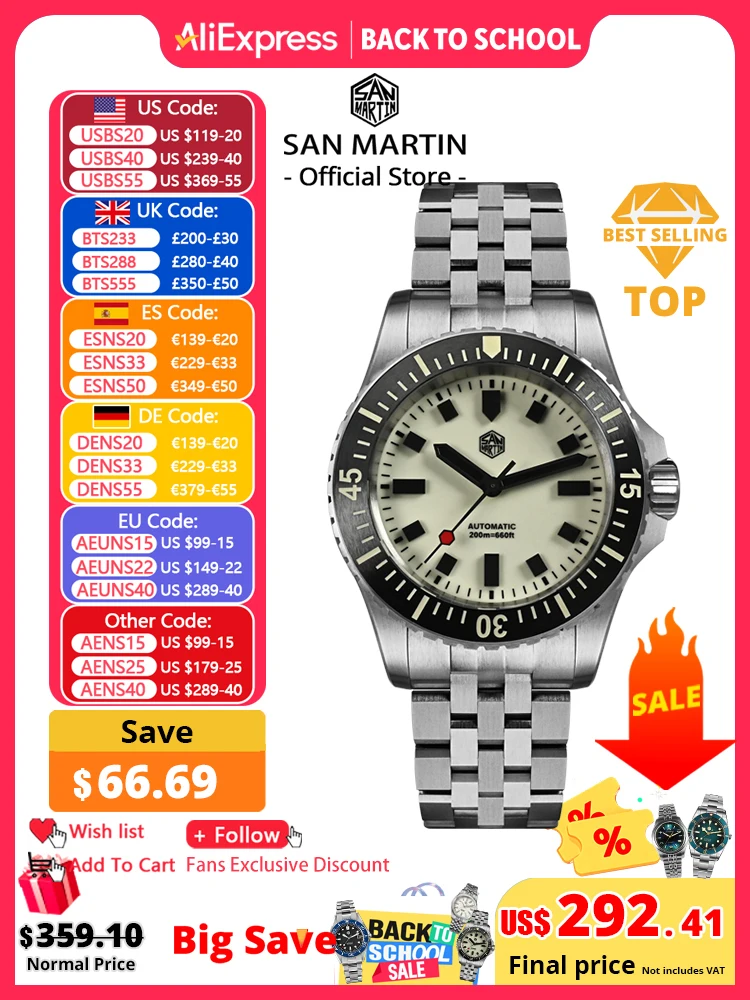 Мужские часы San Martin 1200HV с упрочняющим покрытием, полностью светящийся циферблат, светящиеся блоки, автоматический механический механизм ST2130, модель SN0012