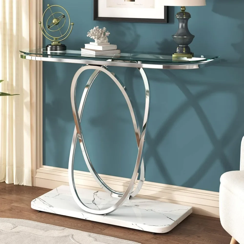 Glass Entryway Table; Silver-coloured, Oval Frame and Marble Base, Chrome-plated, Glass Sofa Table for Living Room