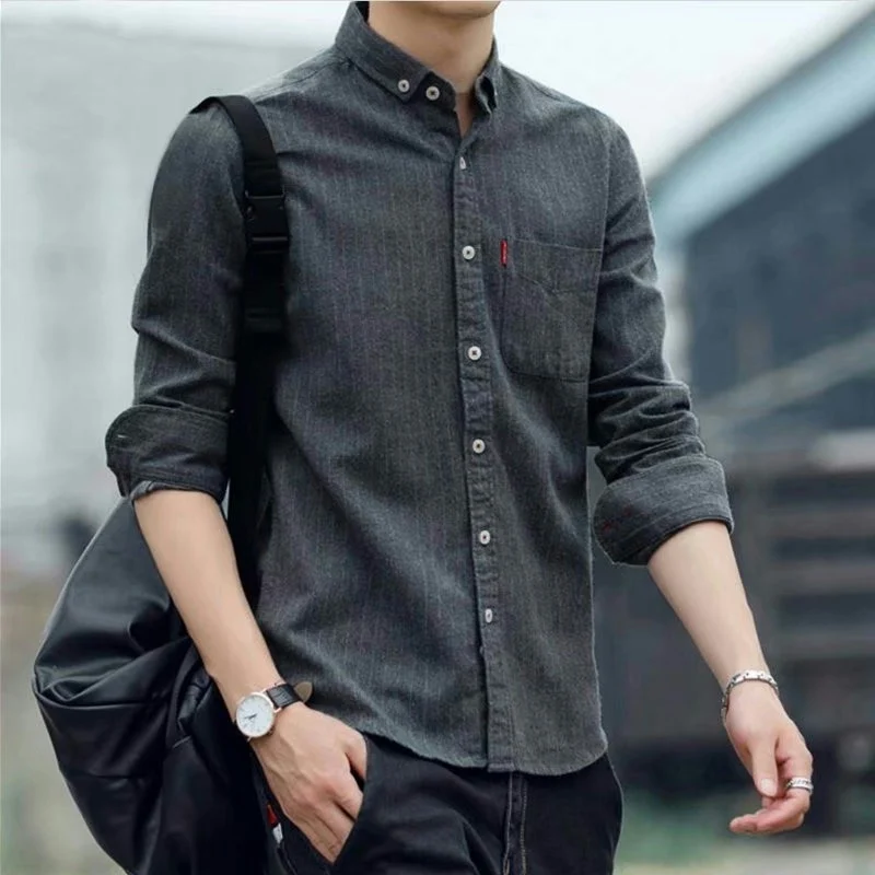 Wear-Resistant Long Sleeve Casual Shirt for Men Summer Leisure Stand Collar Jacket Outerwear Standard Fit Youth Trend Commute