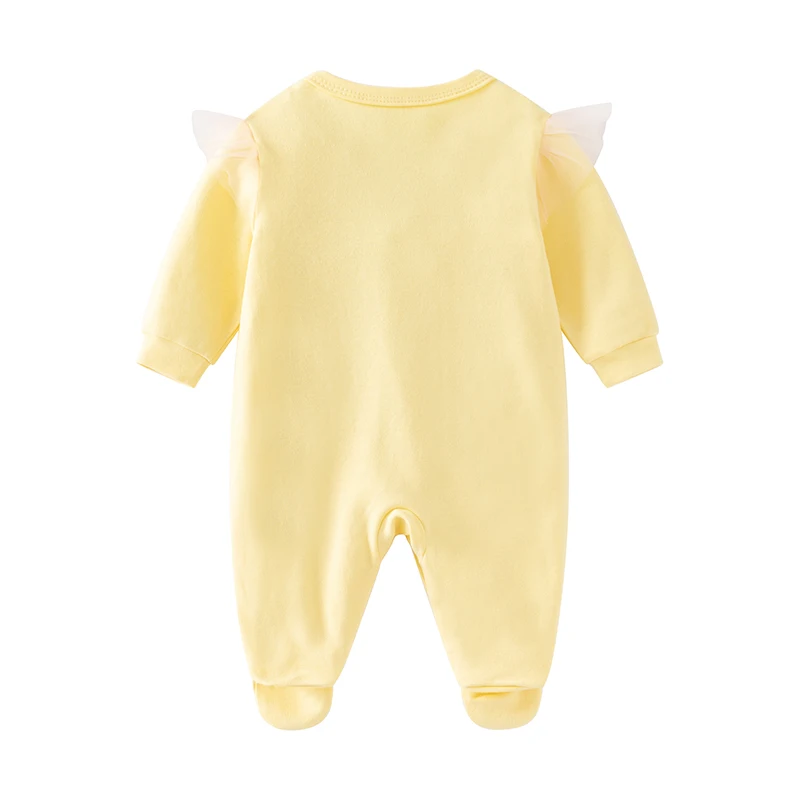 Newborn baby girl spring & fall jumpsuit with long sleeves pure cotton cute yellow cartoon embroidered rabbit