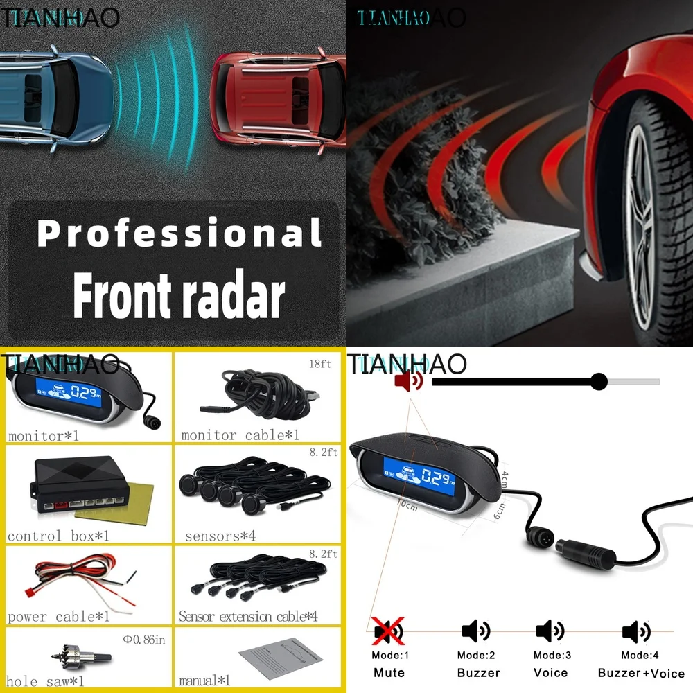 Car Front Parking Sensor Kit with LCD Monitor Parktronic Assistant System Adjustable Voice Volume and Buzzer Universal