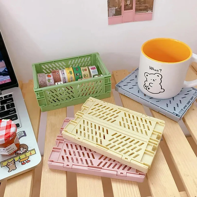 

Stackable Plastic Folding Storage Box Basket Utility Cosmetic Container Desktop Holder Home Use School Desk Storage Box