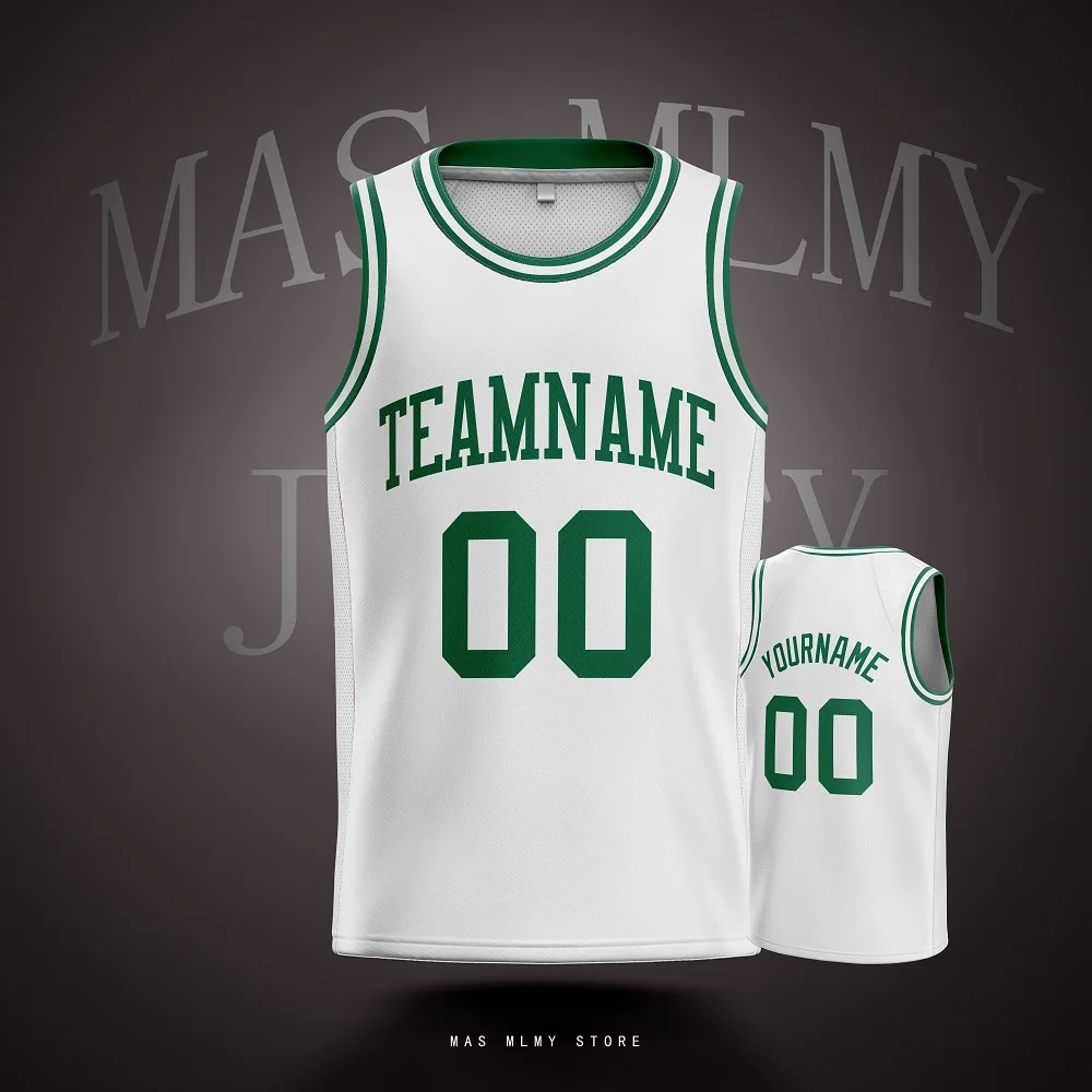 

Customized white jersey with green name and number summer sports jersey personalized digital printed mesh basketball jerseys