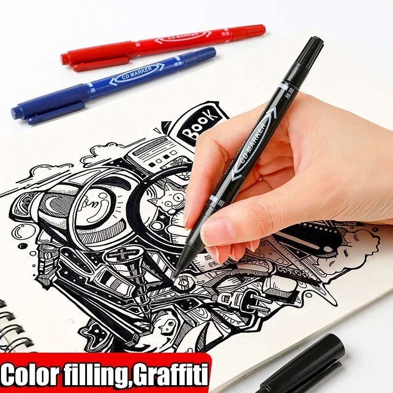 10 قطعة طرف مزدوج أقلام تحديد دائمة مقاوم للماء الزيتية غرامة تلميح الأسود اللوحة ماركر الكتابة على الجدران بمناسبة أقلام اللوازم المدرسية