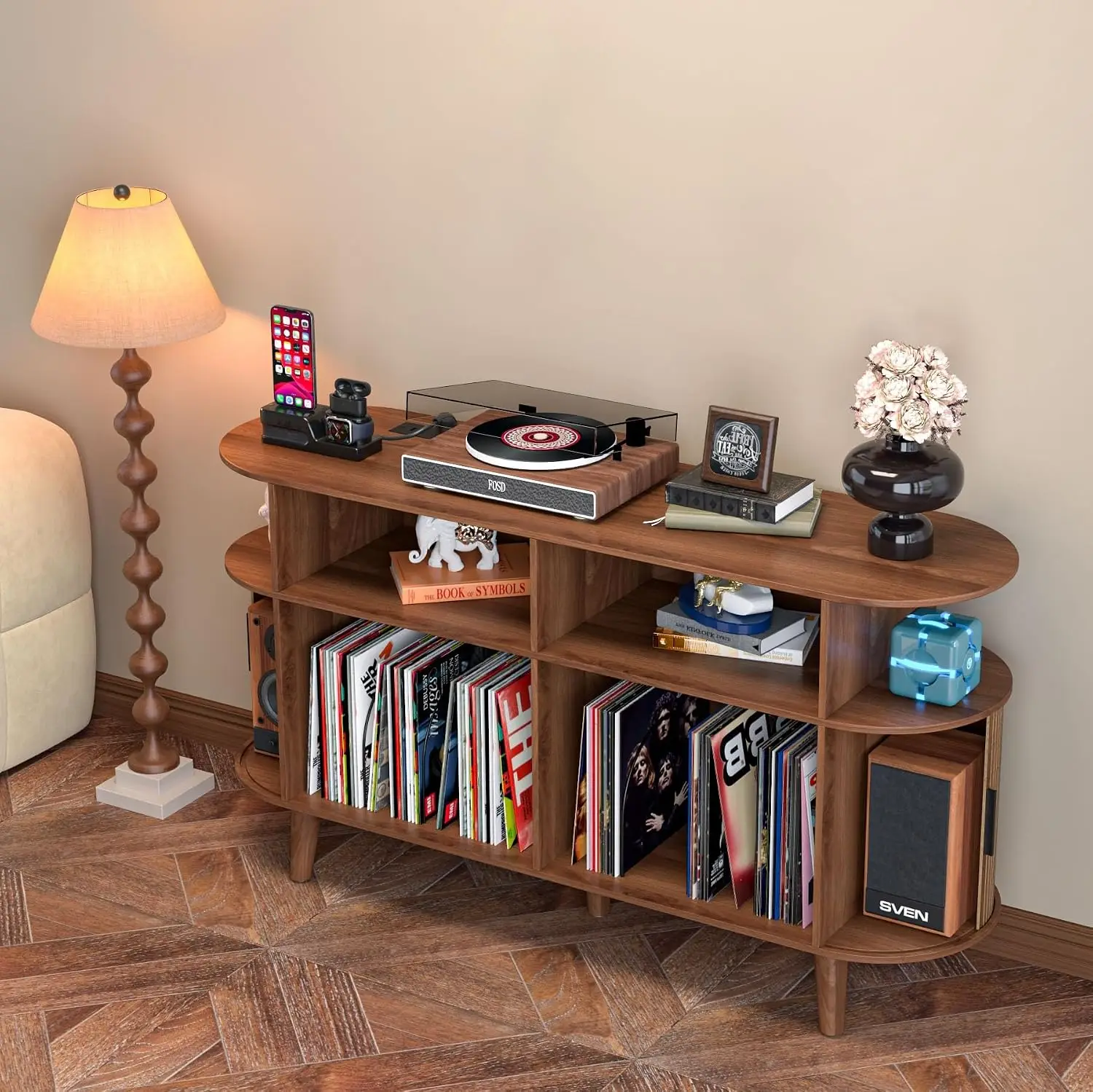 Round Record Player Stand with Charging Station & USB Ports, Customized