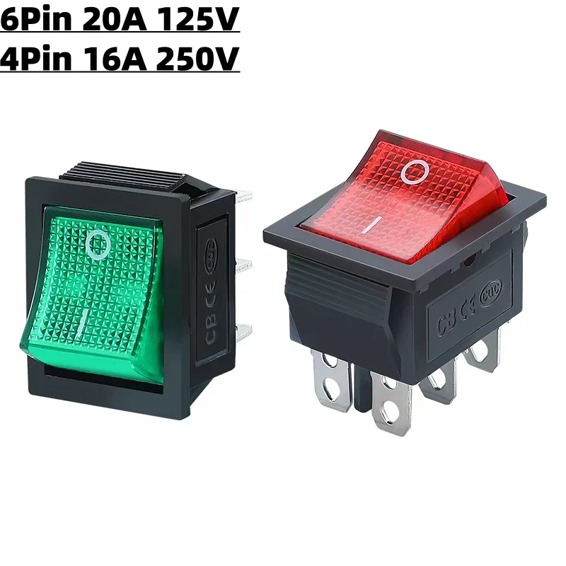 

5PCS KCD4 Rocker Switch ON OFF With Led 16A 250V 220V T85 20A Small 6Pin 4Pin Light For 2 Position Toggle Switches
