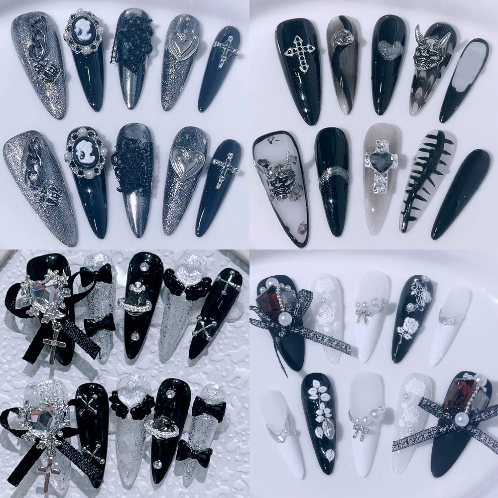 Y2K Stiletto Black Detachable Nails Punk Pearl Metal Skull Rose Banderole Reusable Glitter Powder Full Cover Nails Wholesale