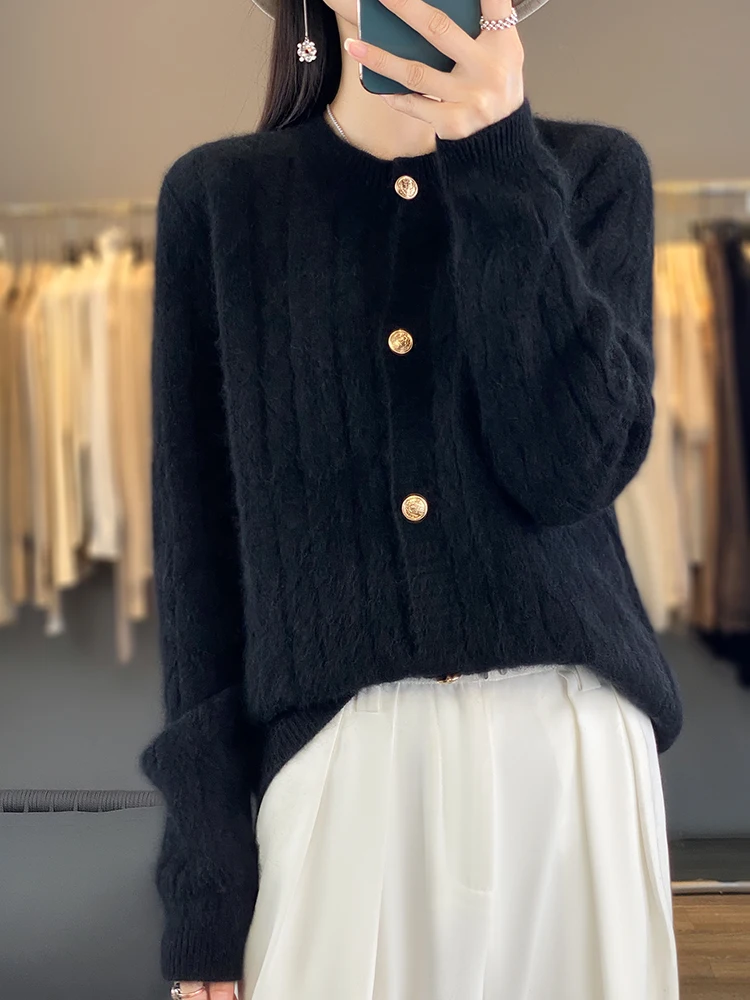 New Chic Twist Flower Women Sweater Long Sleeve O-neck Cardigan 100% Merino Wool Soft Warm Cashmere Knitwear Korean Fashion Tops