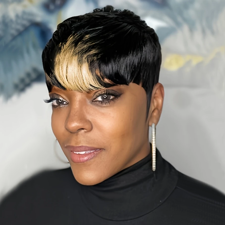 ピクシーカット ストレート 人毛ウィッグ 女性用 1B/613 #   カラーフルマシンメイドウィッグショートレイヤードストレートウィッグ前髪付き