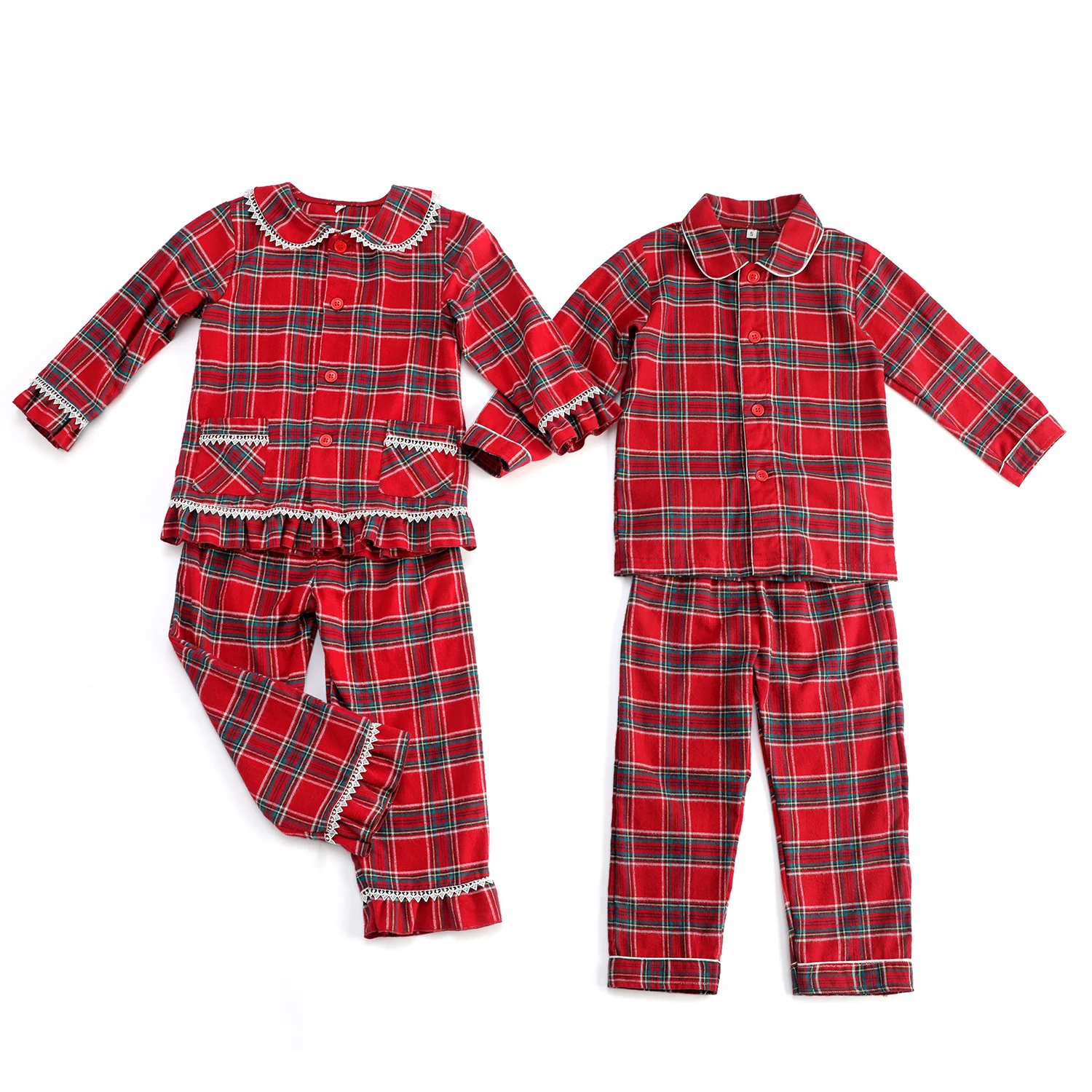 Flannel Christmas Family Matching Outfits Boys And Girls Ruffle Pajamas White Lace Red Long Sleeve Baby Button Kids Pyjamas Sets