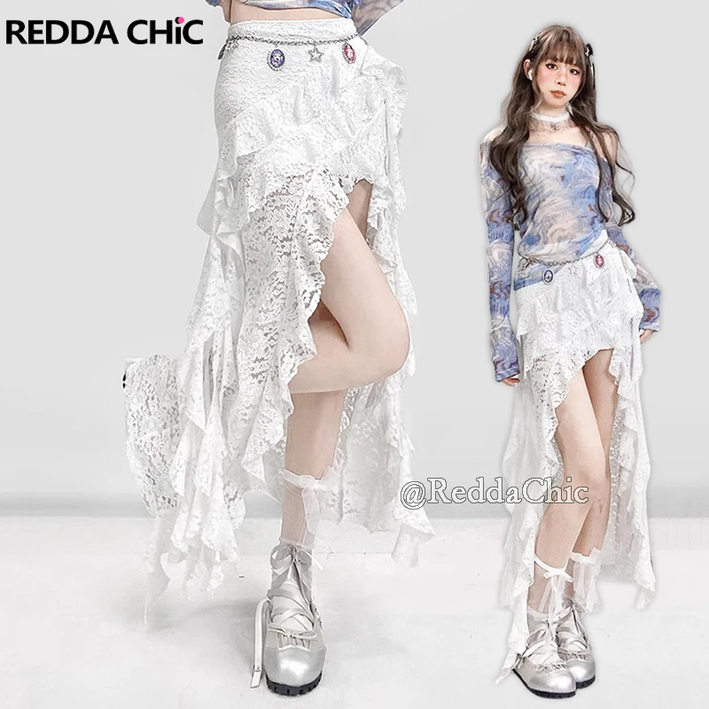 REDDACHiC Steampunk Floral Lace Trailing Skirt Stretch Slim Fit Irregular Ruffle Flowy High Low Skirt Raves Party Women Bottoms