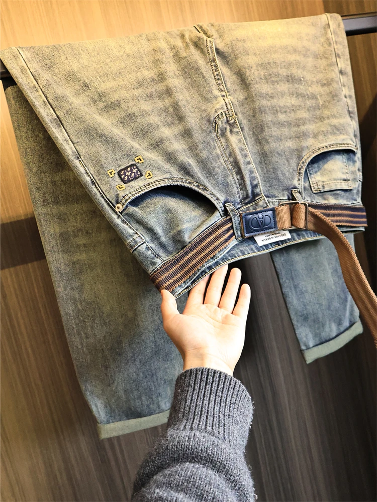 

Line Men's Straight Leg Pure Color Waed Denim Jeans Spring Season with Belt Cotton Stretch Denim Modern Sle