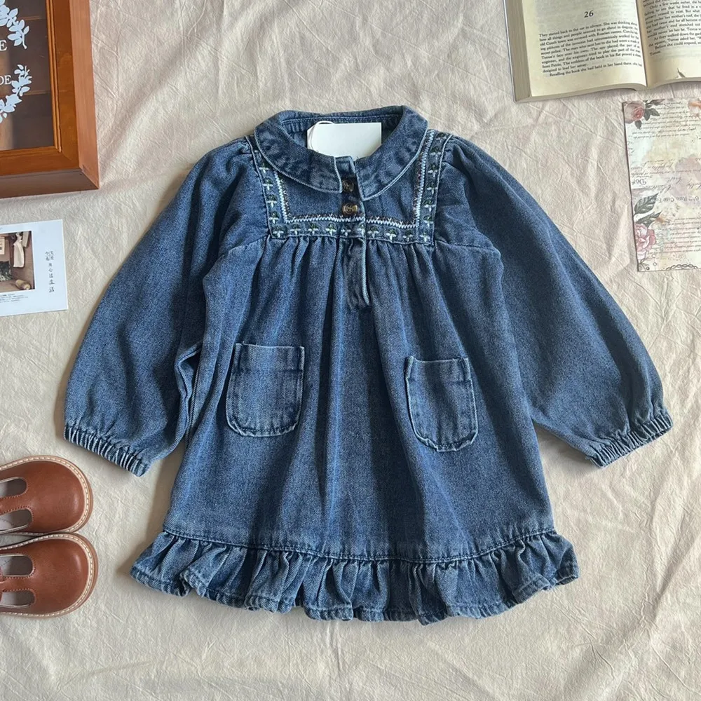 

spring baby girl clothes kids dresses Blue floral embroidered denim fabric dress Fashionable retro girls' long sleeved dress