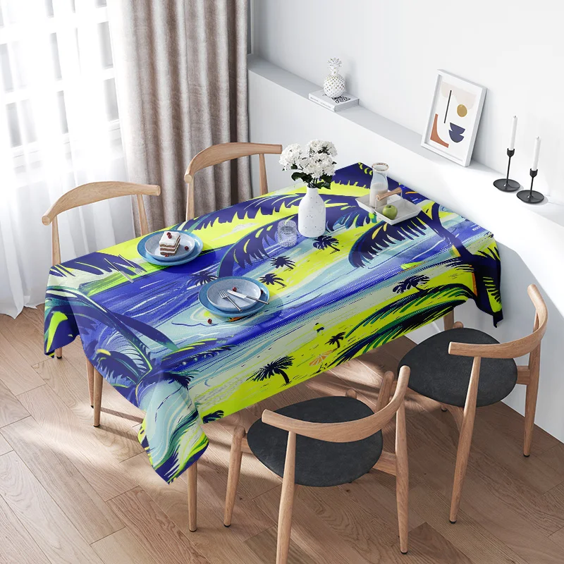 Modern Abstract Tablecloth Bright Blue Yellow Palm Tree Design for Dining Room Decorations Perfect Gift Idea