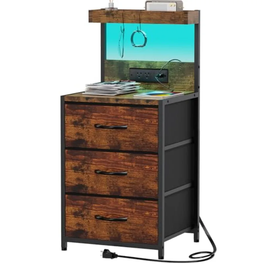 

Nightstand Dresser with Charging Station and Led Lights 3 Drawers Night Stand with Storage Shelf and Hooks Tall End Side Table