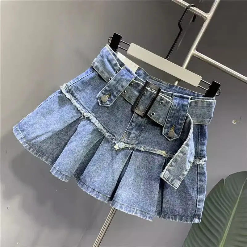 Vintage Women Denim Shorts Skirts Summer 2025 Streetwear All Match Washed High Waist Ruffles Mini Jeans Saias Femme With Belt