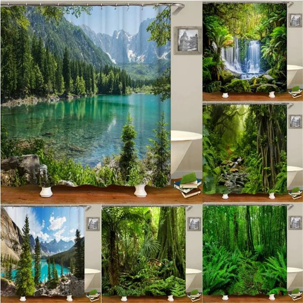 

Waterfall Forest Natural Scenery Shower Curtain Tropical Jungle Plant Palm Trees Mountain Landscape Bathroom Decor Bath Curtains