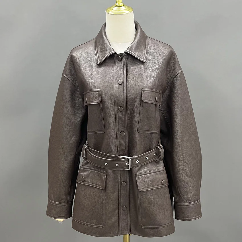 JANEFUR Women Genuine Leather Coat Office Ladies High Waist Retro Casual Sheepskin Real Leather Jacket Autumn Winter JFB6-25009