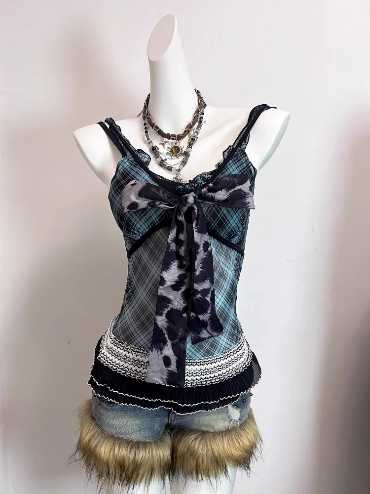 Y2K ريترو خمر المرأة منقوشة شبكة المرقعة الدانتيل تي شيرت Harajuku الشارع الشهير سليم صالح القمم القوطية ثقافة فرعية عادية مثير تيز