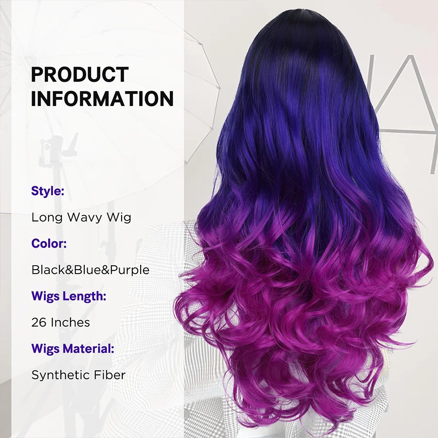 28inch Long Wavy Wig Black to Blue to Purple Ombre Color, Curly, Rainbow, Middle Part, Synthetic, Mermaid, Purple, For Cosplay