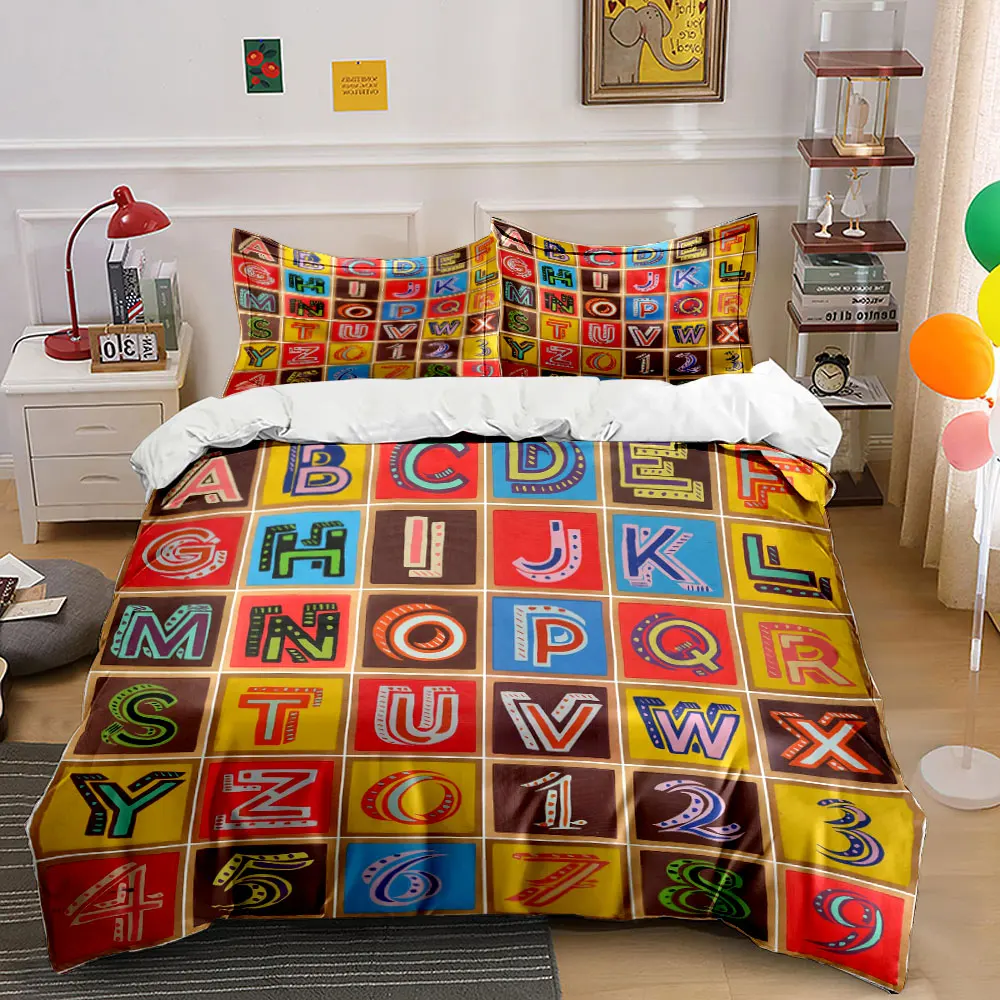 Colorful alphabet and numbers Pattern Duvet Cover Set Digital Print Colorful Polyester Bedding with Zipper Closur for kids gifts