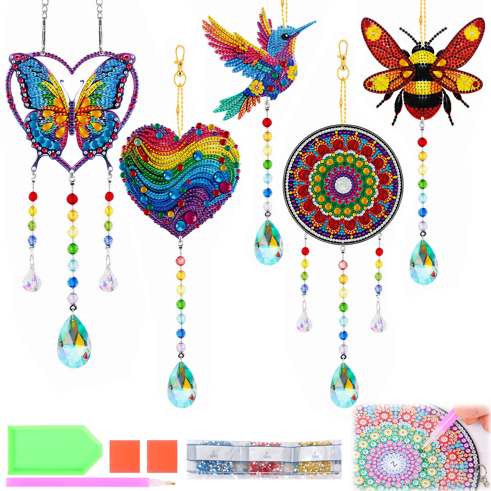 3/5 Pcs DIY Diamond Drawing Suncatchers Decorative Diamond Art Kits Double-sided 5D Wind Chime for Window Garden and Home Decor