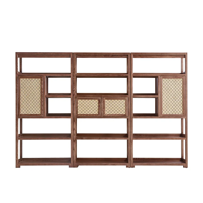 Solid wood bookshelf Floor-to-ceiling rattan shelf Bedroom display rack Simple office partition Living room bookcase storage