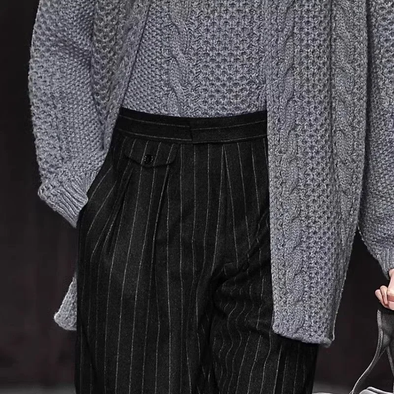 กางเกงขายาวลายทางตรงทรงหลวมแฟชั่นทวีดลำลองสำหรับผู้ชายฤดูใบไม้ร่วงฤดูหนาว