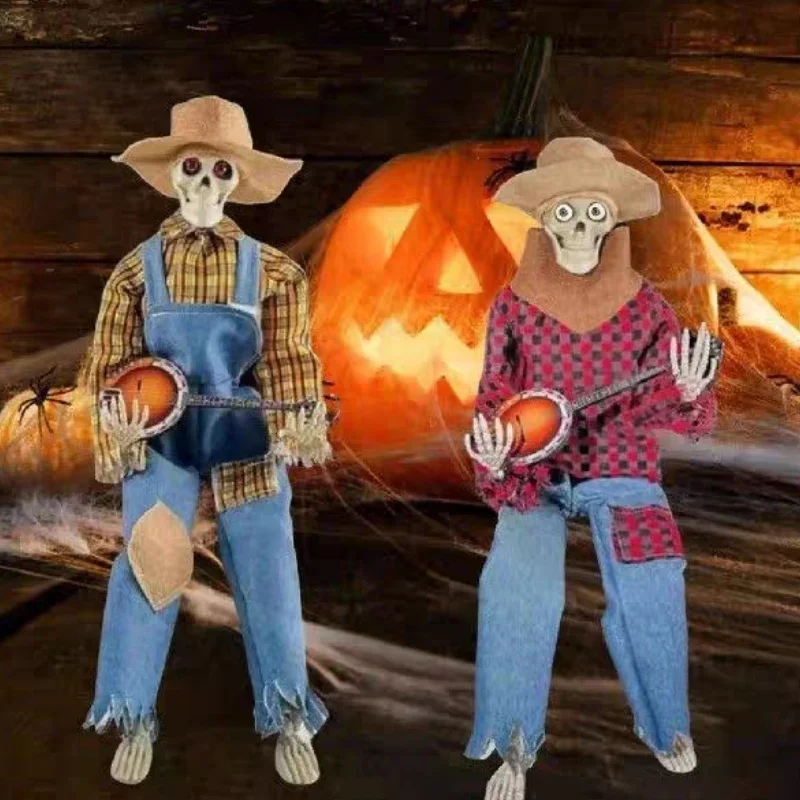 

Hot Halloween Animated Banjo Skeletons Horror Night Gifts-Funny Luminescent Animated Dueling Banjo Skeleton For Halloween Decor