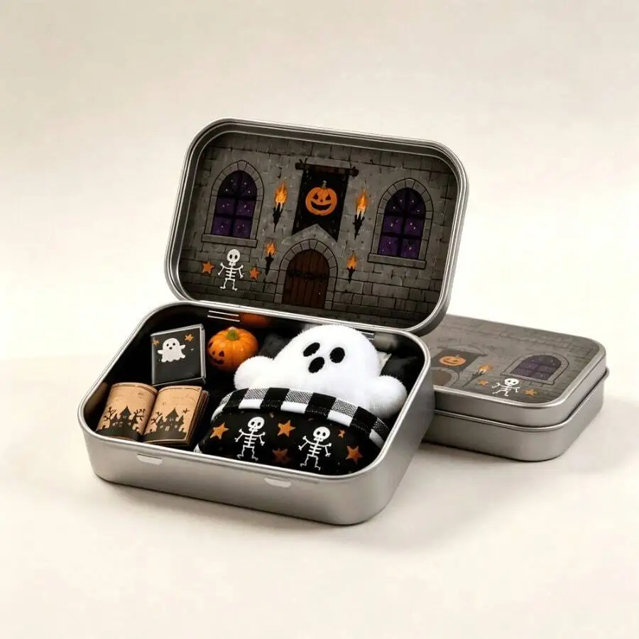 Halloween Mini Ghost Tin Box Set, 6 Inches Cute Figurine, Spooky Collectible In Box, Miniature Metal Decor