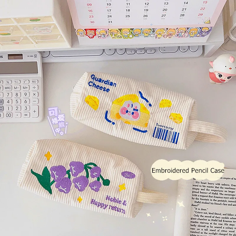 Pencil Case Korean Corduroy Pencil Bag Trousse Large Capacity Stationery Pen Case Estuches School Supplies Cute Pencilcase