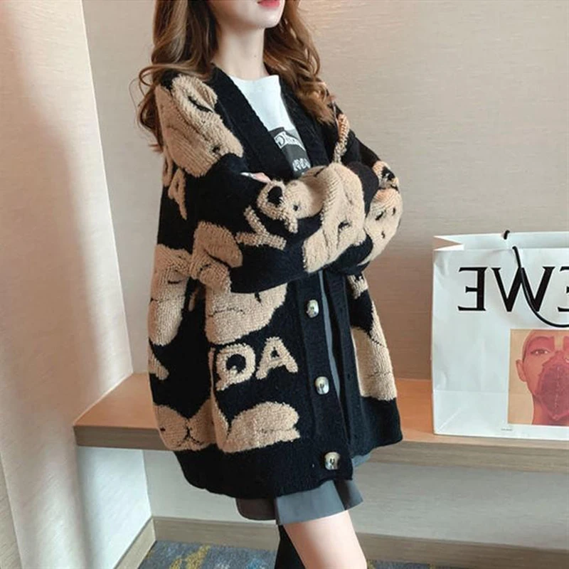 

Women's Thicken Warm Cardigan Jacket 2023 Autumn Winter Letter Flocked Loose Jacket V-Neck Button Fashion Knitted Casual Jacket