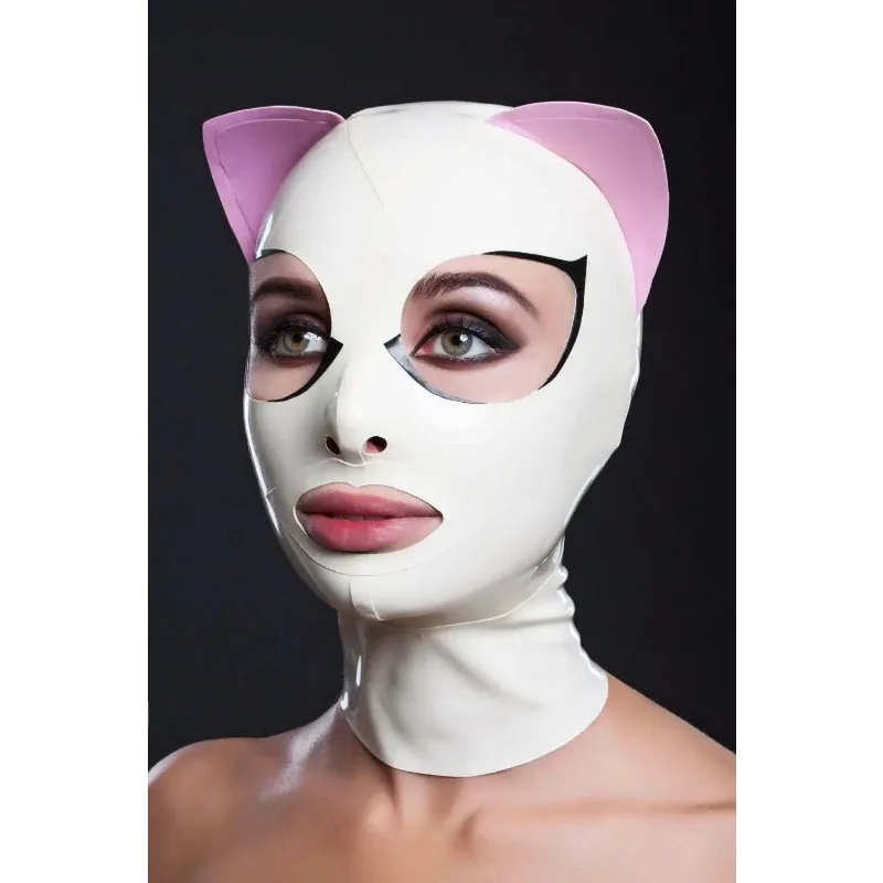 

Latex Gummi Hoods Cat Mask With Eyelashes And Pink Ears Unique Customized 0.4mm