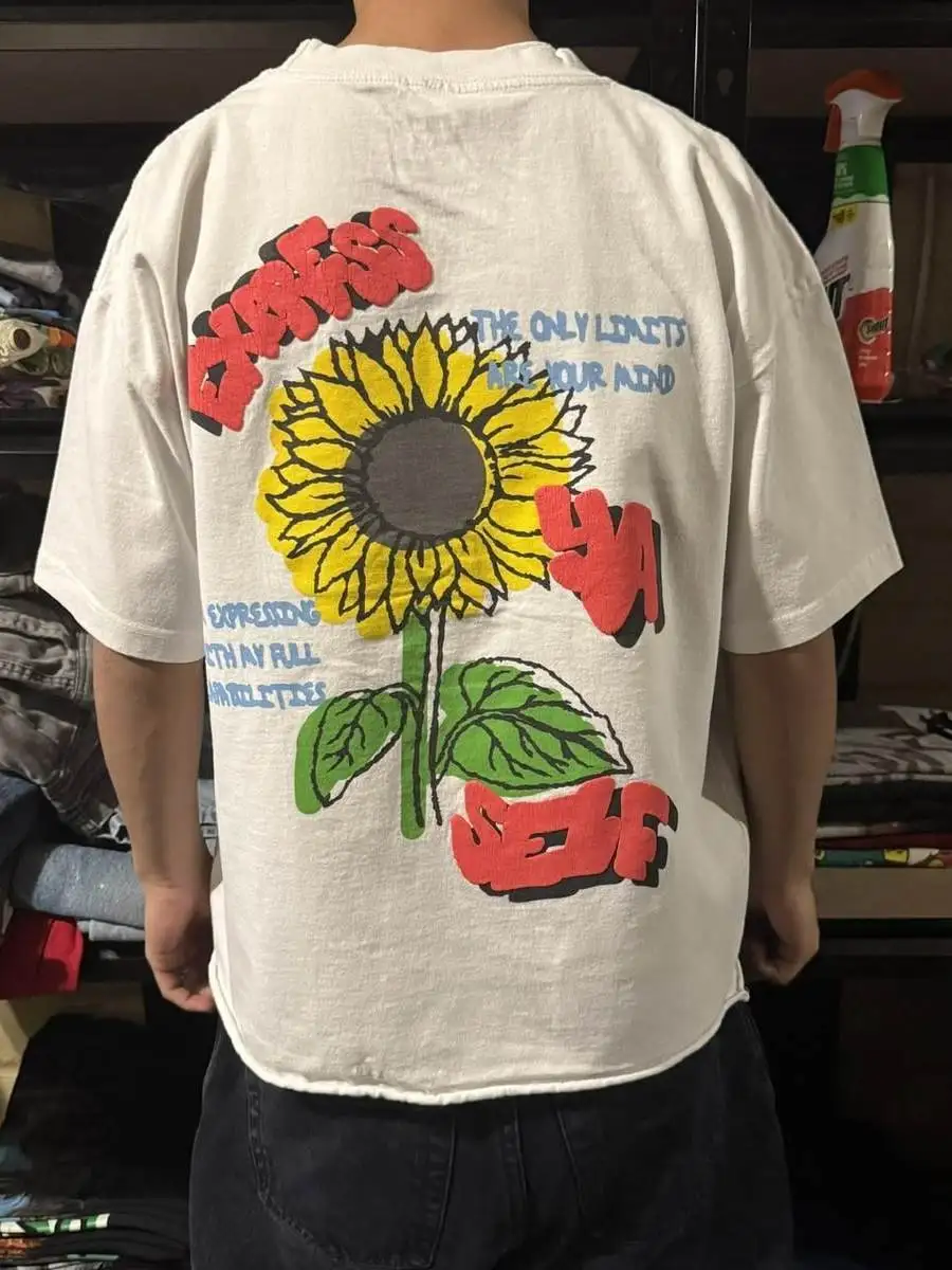 Wang Studio American Retro Sunflower Short Sleeve T-Shirt Funny Slogan Unisex Hip Hop Cotton Breathable round Neck Tee