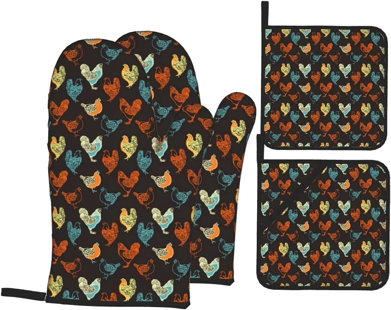 Rooster Oven Mitts and Pot Holders Sets of 4 Chicken Kitchen Mitts Heat Resistant Cock Oven Gloves Potholders for Kitchen Baking