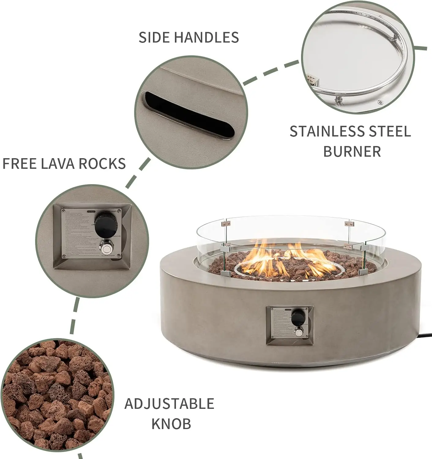 COSIEST Outdoor Propane Fire Pit Coffee Table w Gray 40.5-inch Round Base Patio Heater, 50,000 BTU Stainless Steel Burner, Wind