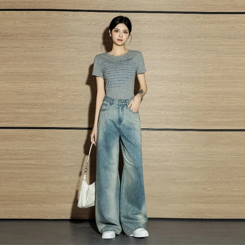 

Широкие джинсы с высокой талией в стиле ретро, женские свободные брюки с потертым подолом, прямой крой, длиной до пола, модные джинсовые брюки больших размеров