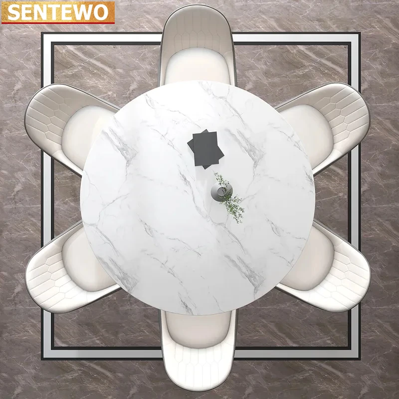 SENTEWO Luxury Round Marble Kitchen Dining Table And 8 Chairs Set Stainless Steel Gold Base Kitchen Furniture Stolik Esstische