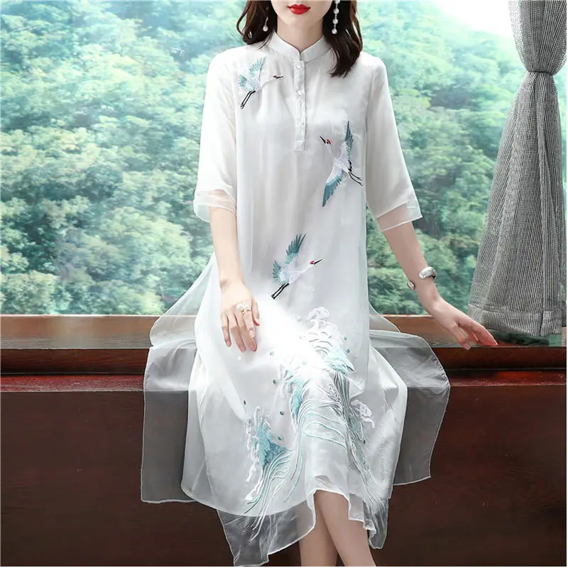 Chinese traditional chiffon cheongsam vestidso vintage embroidery evening party dress oriental loose half sleeve qiapo dress