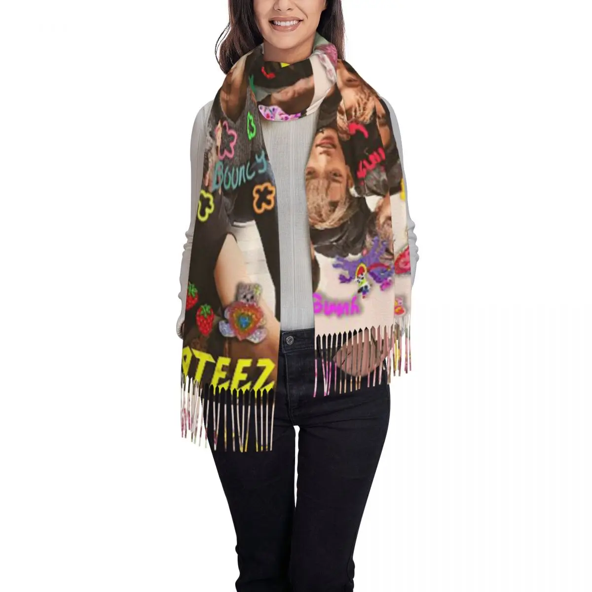 Kpop ستار المغني المعبود ATEEZ ATINY وشاح شرابة الأوشحة النساء شالات دافئة لينة ويلتف كبير الخريف الشتاء شال التفاف