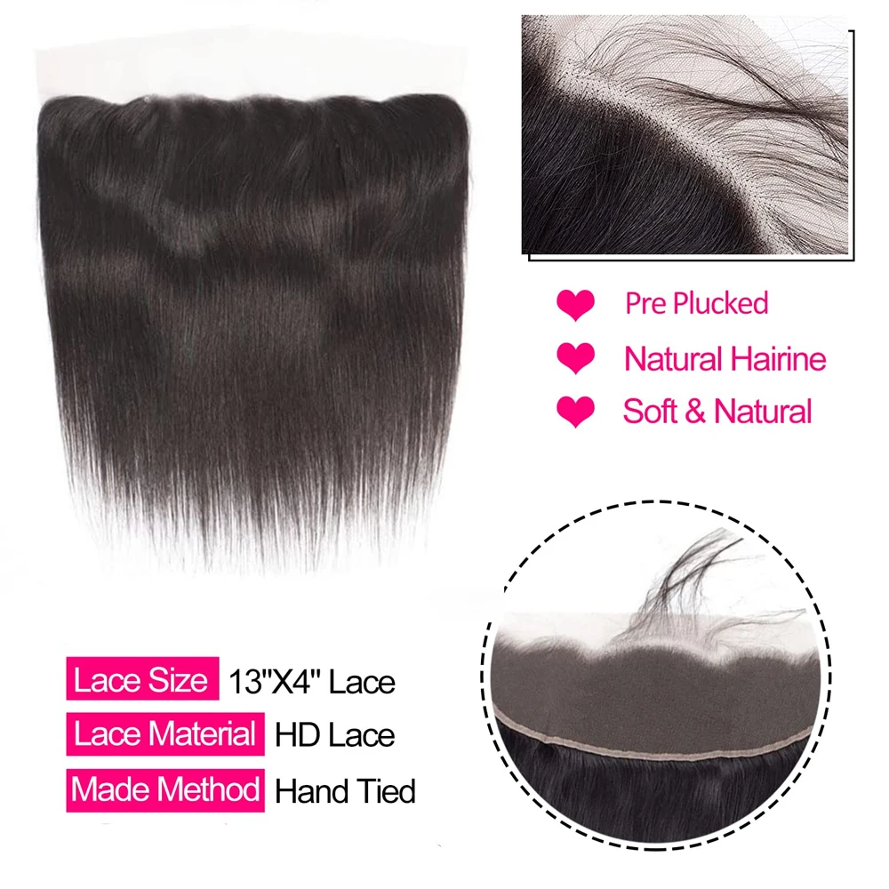 Cabelo Humano Frontal de Renda Reta com Linha Fina Natural, 100% Amarrada à Mão, Médio, Livre, 3 Partes, 13x4 Somente