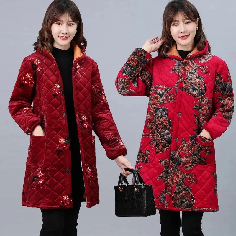 Down Cotton Jacket Women Plus Velvet Thick Middle-aged Elderly Mother Wear Long Padded Coat Female Large Size Hooded Warm Parkas